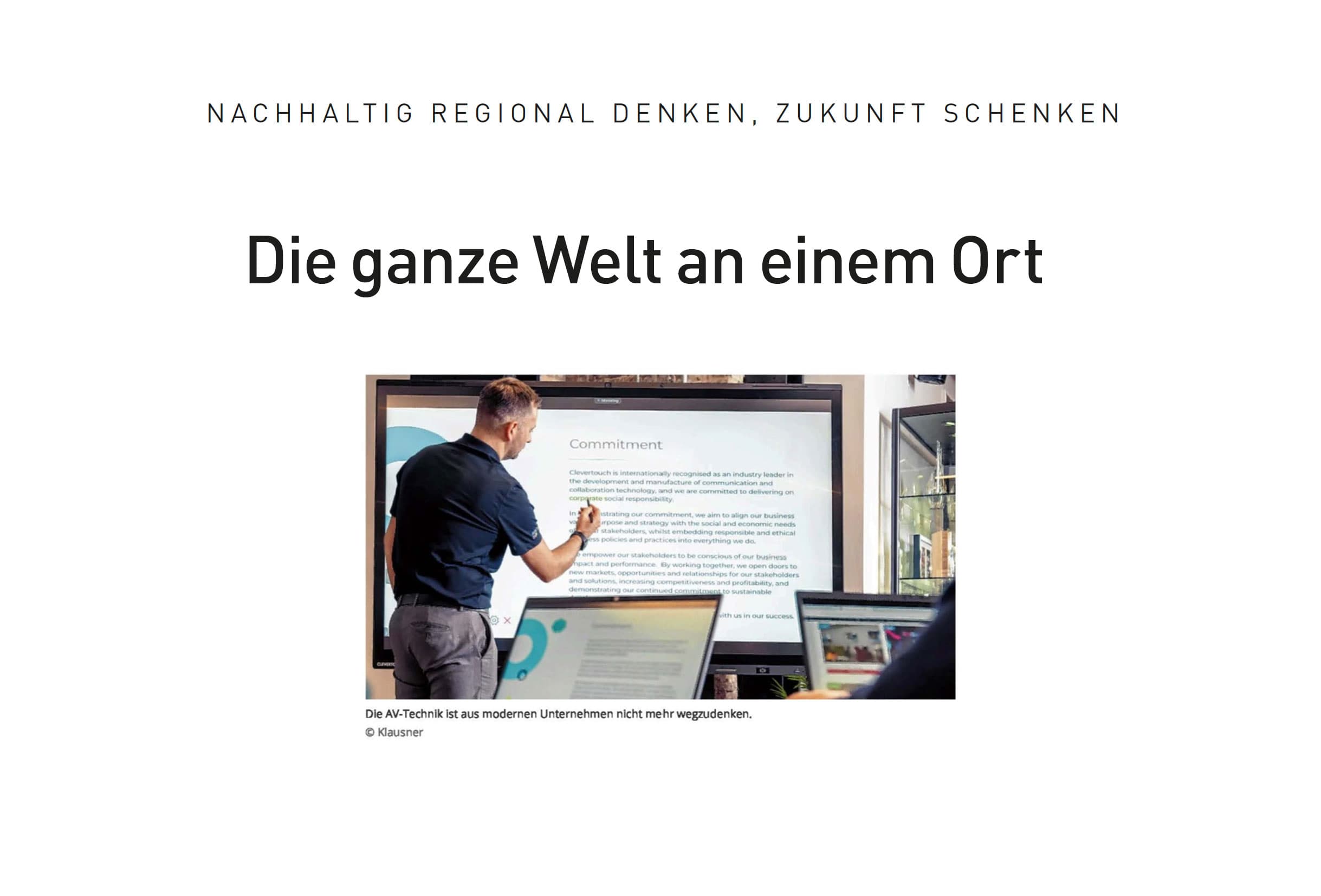 Ausschnitt des Inserats "Nachhaltigkeit" in der Tiroler Tageszeitung. Es wird das Bild eines Mannes bei der Präsentation an einem interaktiven Multitouch-Display der Firma Clevertouch dargestellt.