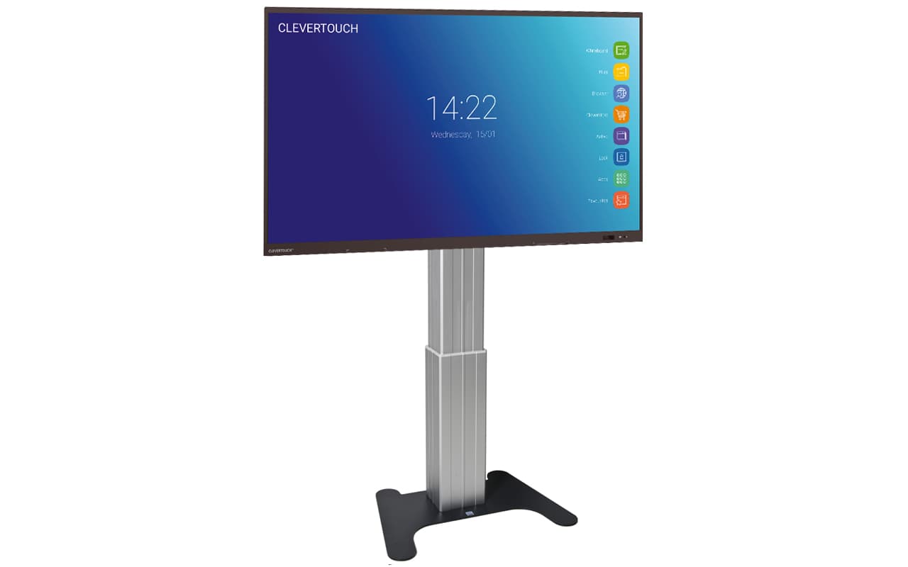 Vega ST200 P elektrische, freistehende Höhenverstellung mit Bodenplatte in Silber mit einem Clevertouch interaktiven Multitouch Display IMPACT Plus