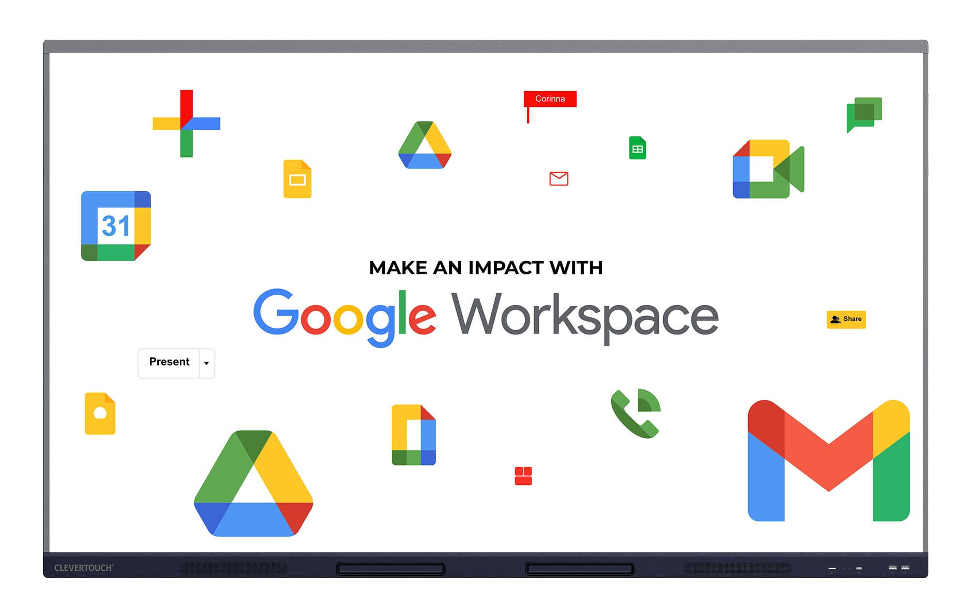 Clevertouch IMPACT Max2 Multitouchdisplay Frontansicht mit Google Workspace