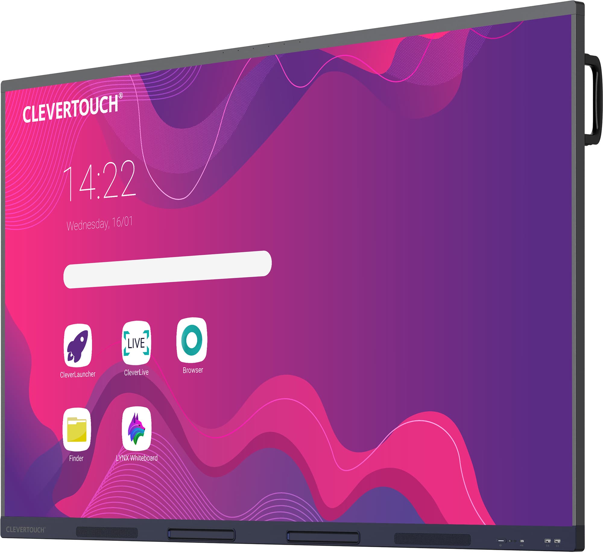 Clevertouch IMPACT Max2 Multitouchdisplay seitliche Ansicht UI Hintergrund