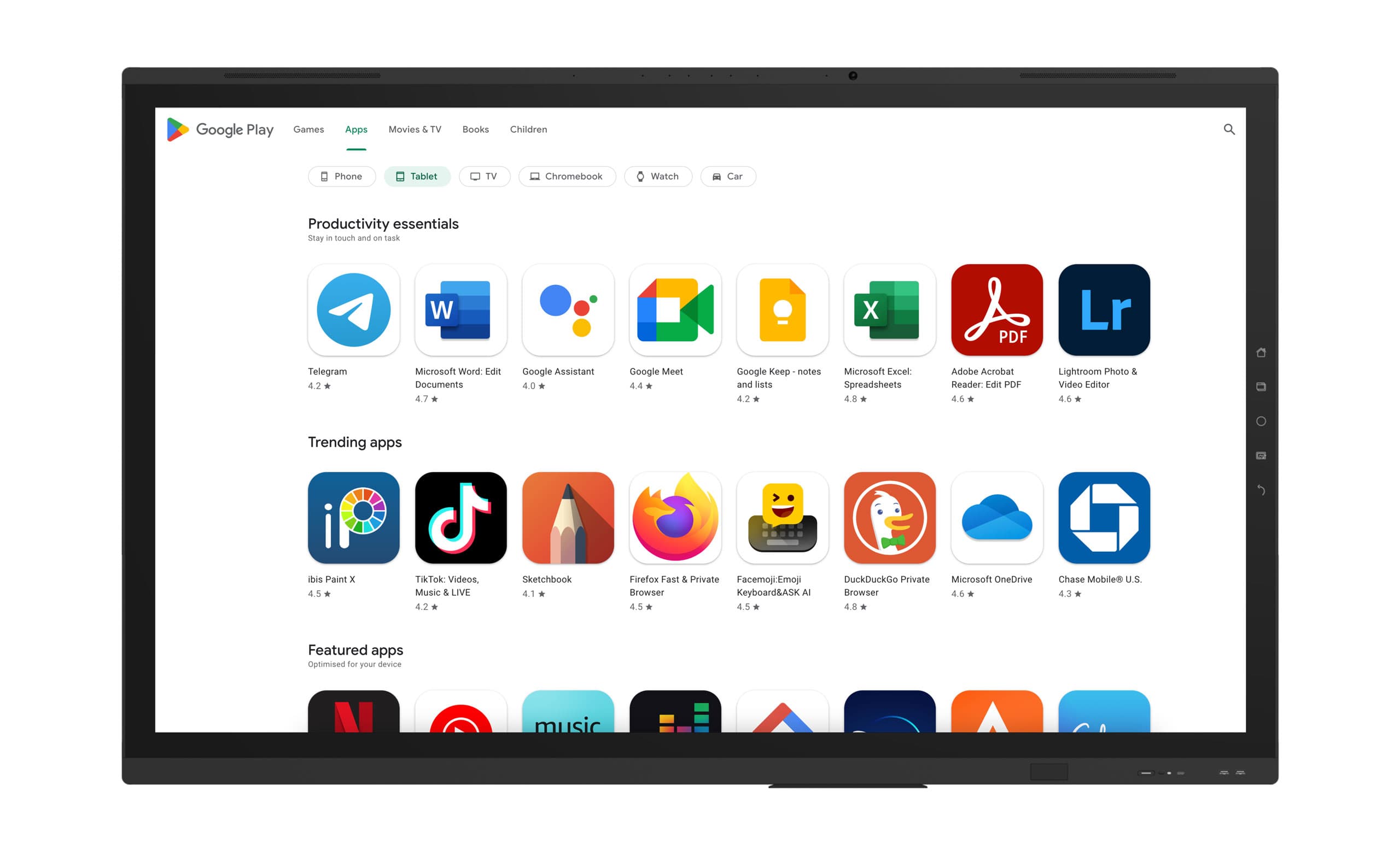 Clevertouch UX Pro Edge Display zeigt Google Play Store Oberfläche mit verschiedenen Apps.