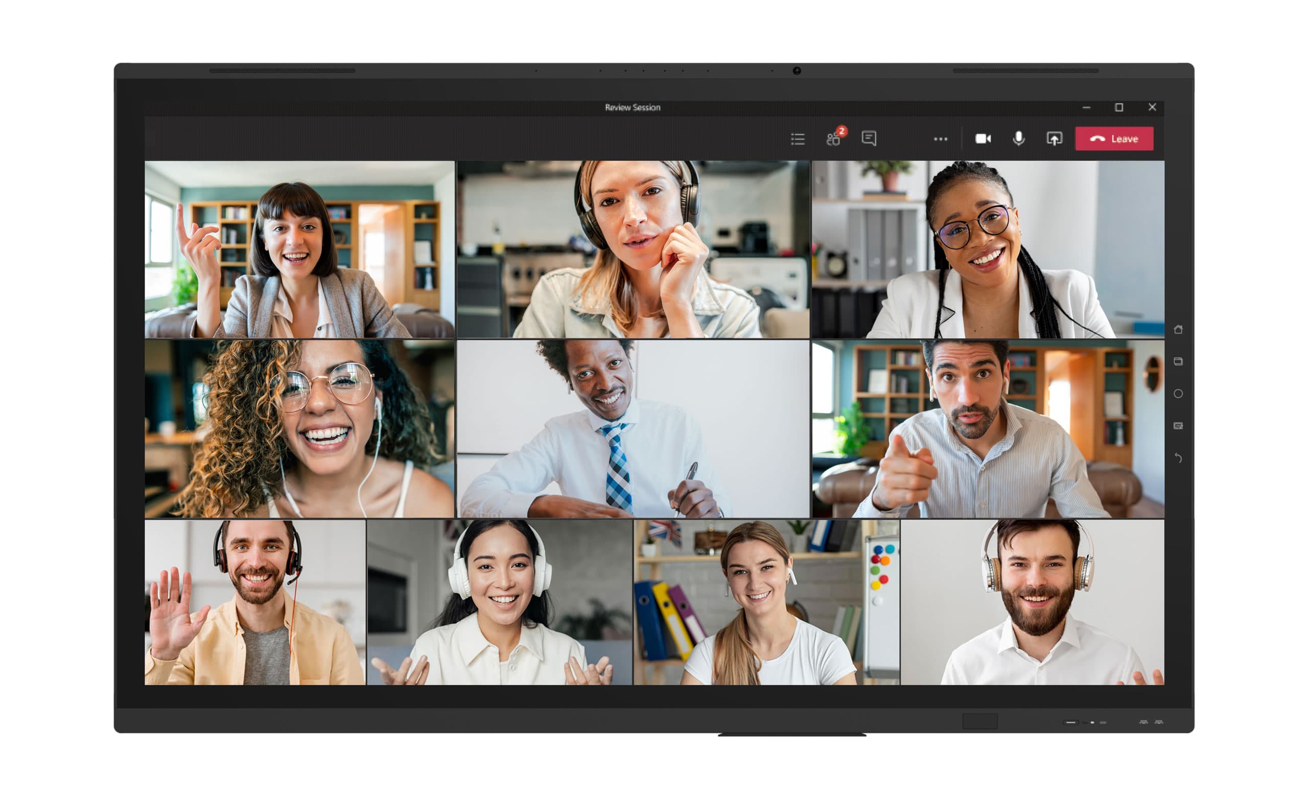 Clevertouch UX Pro Edge Multitouch Display zeigt ein Microsoft Teams Meeting mit mehreren Teilnehmer:innen.