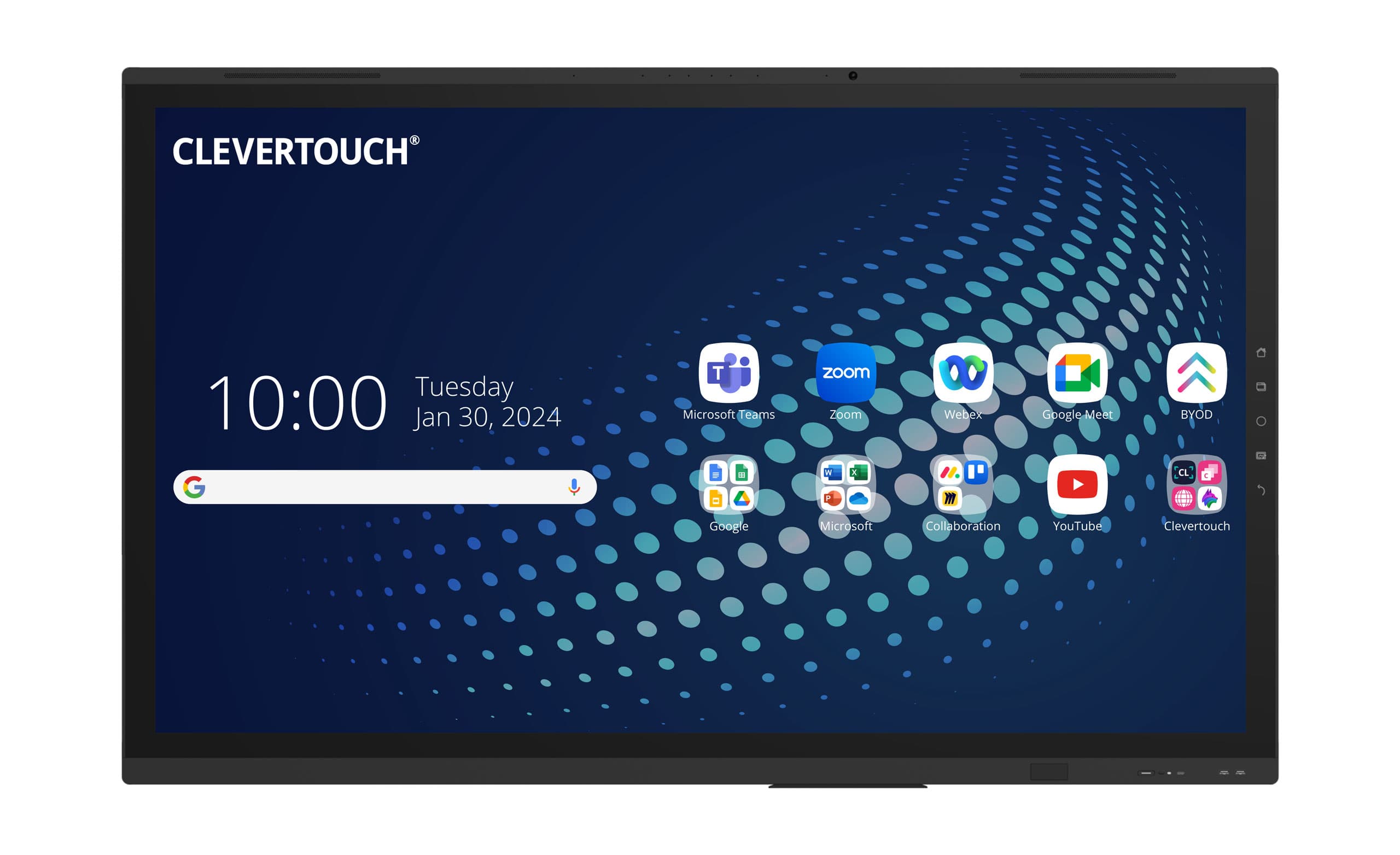 Interaktives Clevertouch UX Pro Edge Multitouch Display mit angezeigten Apps wie Microsoft Teams, Zoom und Google.