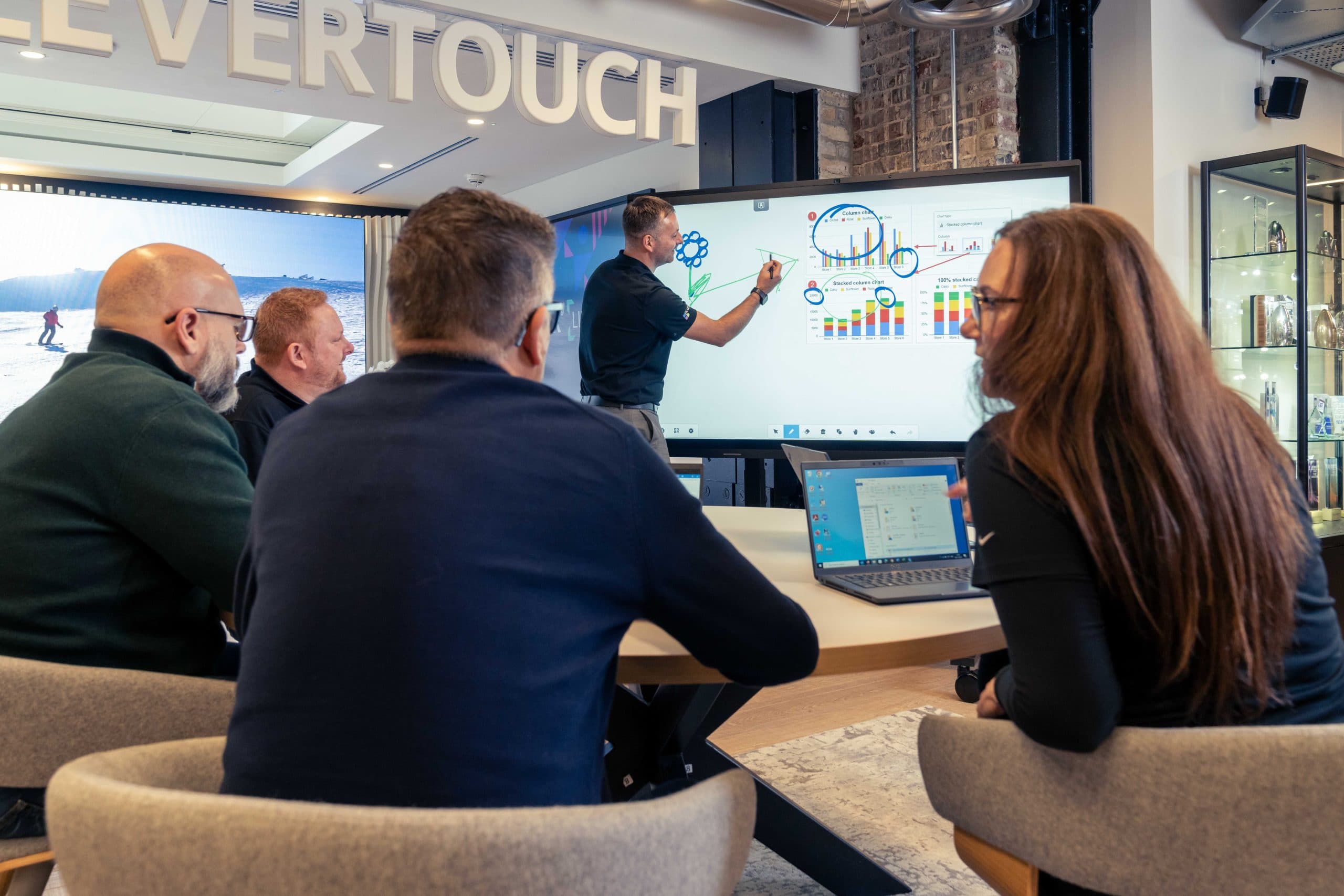 Vier Personen sitzen vor einem interaktiven Clevertouch Edge Multitouch Display und sehen zu, wie eine Präsentation mit Diagrammen und Grafiken erläutert wird.