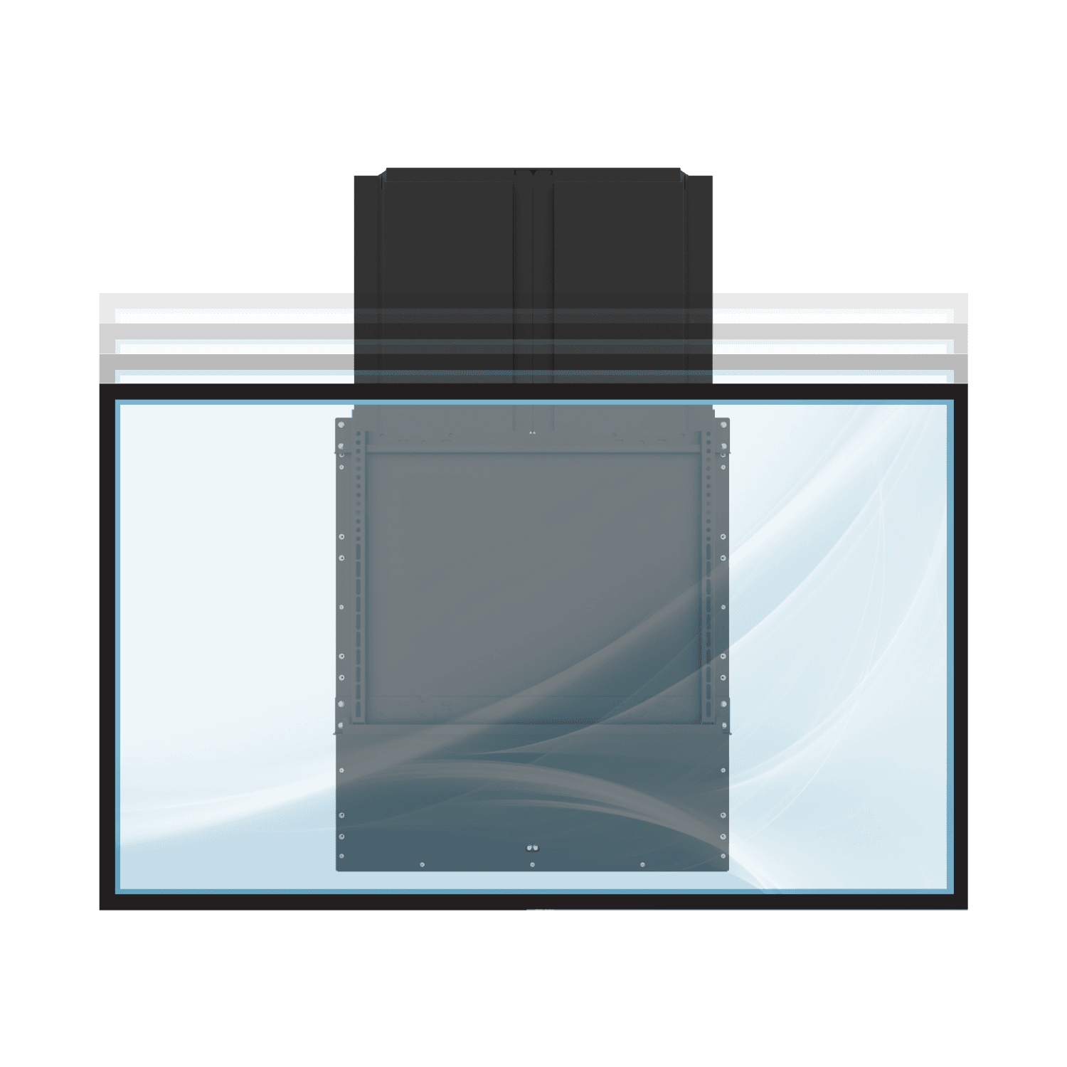 Balancebox 650-II Produktabbildung frontal mit schematischer Darstellung eines Displays und verschiedenen Verschiebepositionen des Displays angedeutet